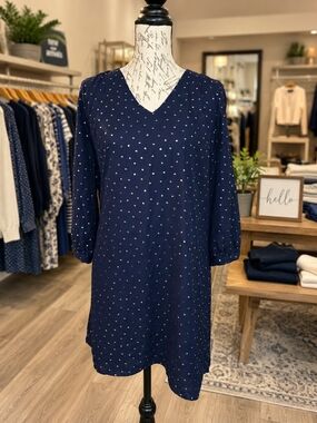 Skies Are Blue Navy Iridescent Sparkle V-Neck Party Dress Size L